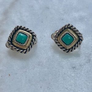 Turquoise stone with silver and gold square setting earrings